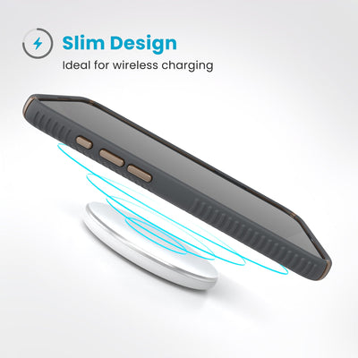 A phone in the case hovers above a wireless charger. Text reads Slim Design: Ideal for wireless charging#color_charcoal-grey-cool-bronze