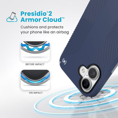 A corner of the case impacts the ground - a diagram shows interior cushion of phone before impact and on impact. Text reads Presidio2 Armor Cloud: Cushions and protects your phone like an airbag#color_coastal-blue-dust-grey