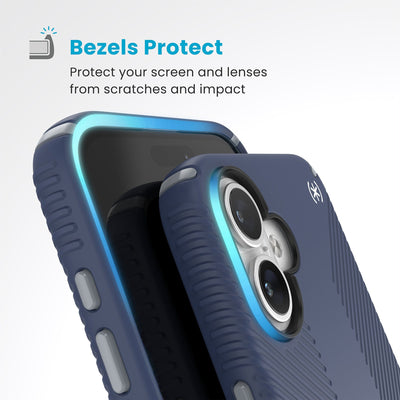 Raised bezels around phone screen and camera are highlighted. Text reads Bezels Protect: Protect your screen and lenses from scratches and impact#color_coastal-blue-dust-grey