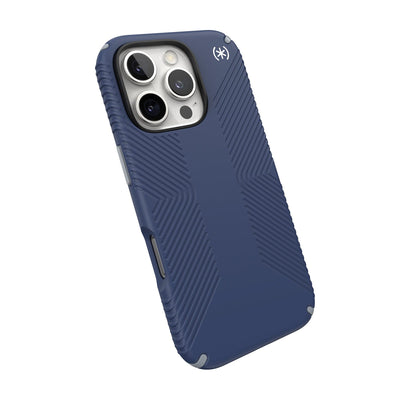 Tilted slight perspective view of back of phone case with phone inside#color_coastal-blue-dust-grey