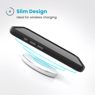 A phone in the case hovers above a wireless charger. Text reads Slim Design: Ideal for wireless charging#color_black-slate-grey