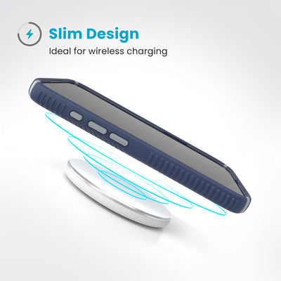 A phone in the case hovers above a wireless charger. Text reads Slim Design: Ideal for wireless charging#color_coastal-blue-dust-grey