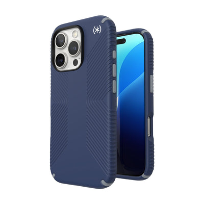 Three-quarter view of back of phone case with phone inside shown over top of front view of phone case with phone inside#color_coastal-blue-dust-grey