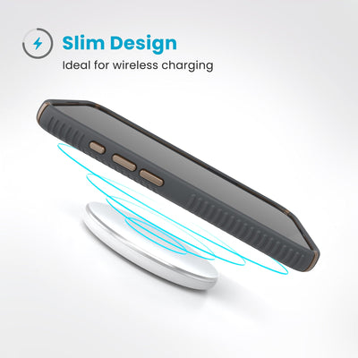 A phone in the case hovers above a wireless charger. Text reads Slim Design: Ideal for wireless charging#color_charcoal-grey-cool-bronze