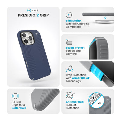 Various close-ups of case are shown. Text reads Speck Presidio2 Grip: No-slip grips for a better hold, slim design - wireless charging compatible, bezels protect screen and camera, drop protection with Armor Cloud Technology, antimicrobial product protection#color_coastal-blue-dust-grey