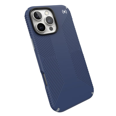 Tilted slight perspective view of back of phone case with phone inside#color_coastal-blue-dust-grey