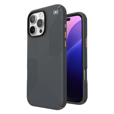 Three-quarter view of back of phone case with phone inside shown over top of front view of phone case with phone inside#color_charcoal-grey-cool-bronze