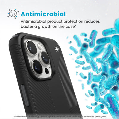 Bacteria is shown around phone case but not on it. Text reads Antimicrobial: Antimicrobial product protection reduces bacteria growth on the case (Antimicrobial technology does not protect users or other items against disease pathogens)#color_black-slate-grey