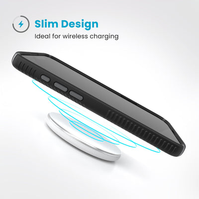 A phone in the case hovers above a wireless charger. Text reads Slim Design: Ideal for wireless charging#color_black-slate-grey