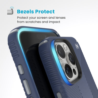 Raised bezels around phone screen and camera are highlighted. Text reads Bezels Protect: Protect your screen and lenses from scratches and impact#color_coastal-blue-dust-grey