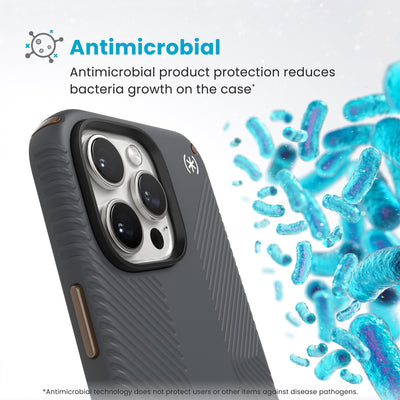 Bacteria is shown around phone case but not on it. Text reads Antimicrobial: Antimicrobial product protection reduces bacteria growth on the case (Antimicrobial technology does not protect users or other items against disease pathogens)#color_charcoal-grey-cool-bronze