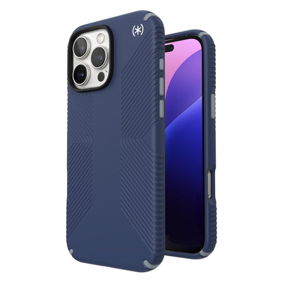 Three-quarter view of back of phone case with phone inside shown over top of front view of phone case with phone inside#color_coastal-blue-dust-grey