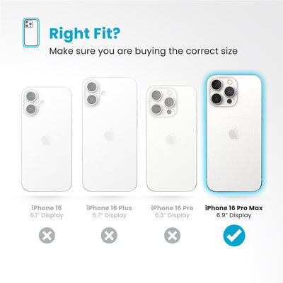 All four phones are shown - iPhone 16 Pro Max 6.9-inch display is highlighted. Text reads Right fit? Make sure you are buying the correct size#color_coastal-blue-dust-grey