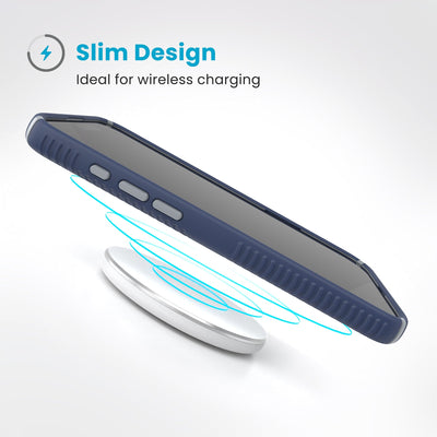 A phone in the case hovers above a wireless charger. Text reads Slim Design: Ideal for wireless charging#color_coastal-blue-dust-grey