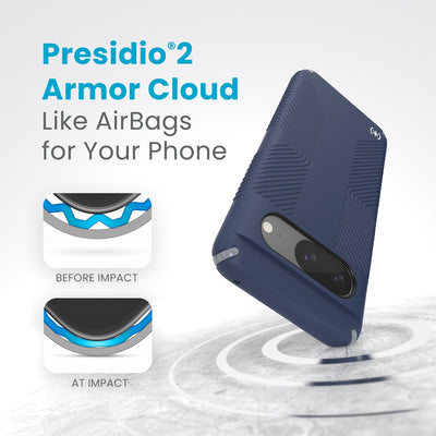 A case with phone inside hits a hard surface on the top corner. Diagrams show Armor Cloud case lining before and at impact. Text reads Presidio2 Armor Cloud. Like airbags for your phone. #color_coastal-blue-dust-grey