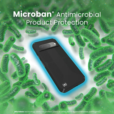 A case with phone inside is surrounded by bacteria. A blue halo around the phone keeps the bacteria away. Text reads Microban antimicrobial product protection. Microban technology does not protect users or other items against disease pathogens.#color_black-slate-grey