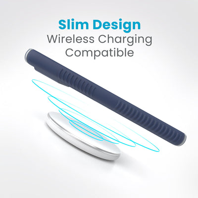 Side view of a case with a phone inside hovering over a wireless charger with concentric circles eminating from charger to signify power transfer. Text in image reads slim design - wireless charging compatible.#color_coastal-blue-dust-grey