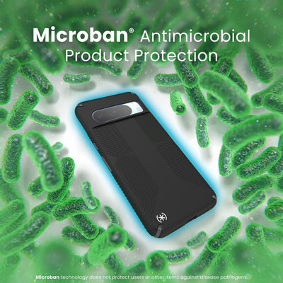 A case with phone inside is surrounded by bacteria. A blue halo around the phone keeps the bacteria away. Text reads Microban antimicrobial product protection. Microban technology does not protect users or other items against disease pathogens.#color_black-slate-grey