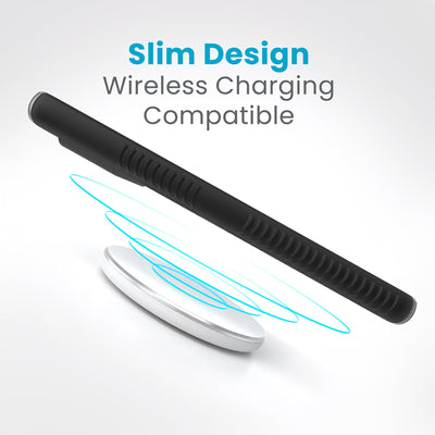 Side view of a case with a phone inside hovering over a wireless charger with concentric circles eminating from charger to signify power transfer. Text in image reads slim design - wireless charging compatible.#color_black-slate-grey