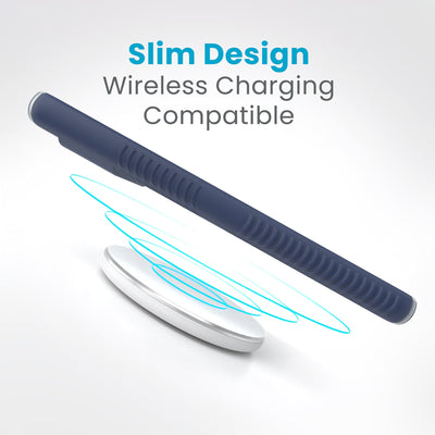 Side view of a case with a phone inside hovering over a wireless charger with concentric circles eminating from charger to signify power transfer. Text in image reads slim design - wireless charging compatible.#color_coastal-blue-dust-grey