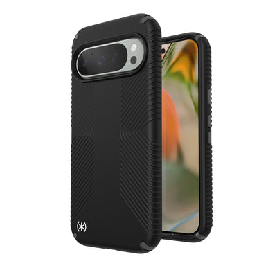 Three-quarter view of back of phone case simultaneously shown with three-quarter front view of phone case#color_black-slate-grey