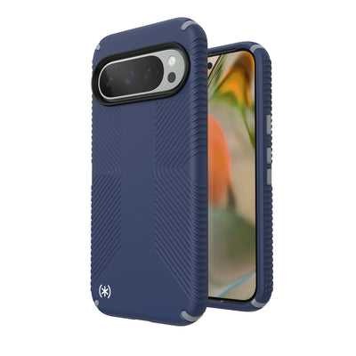 Three-quarter view of back of phone case simultaneously shown with three-quarter front view of phone case#color_coastal-blue-dust-grey