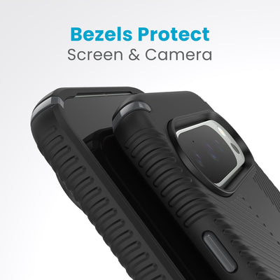 A case with camera facing up is on a case with screen facing up. Raised bezels around screen and camera are clearly visible. Text reads bezels protect screen and camera#color_black-slate-grey