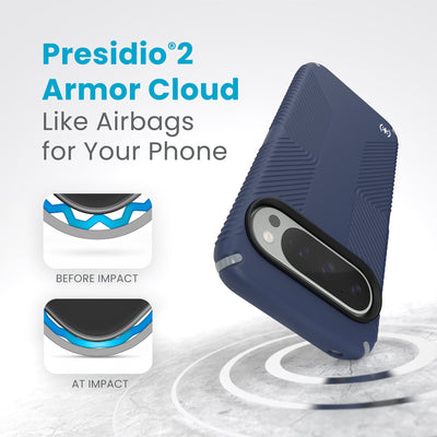 A case hits a hard surface. Diagrams show case lining before and at impact. Text reads Presidio2 Armor Cloud. Like airbags for your phone#color_coastal-blue-dust-grey