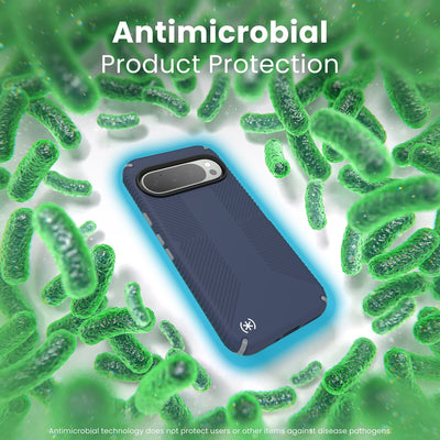 A case is surrounded by bacteria. A halo around the phone keeps the bacteria away. Text reads Antimicrobial product protection#color_coastal-blue-dust-grey