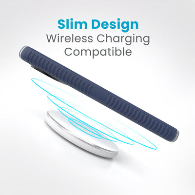 A phone is charging over a wireless charger. Text reads slim design, wireless charging compatible#color_coastal-blue-dust-grey