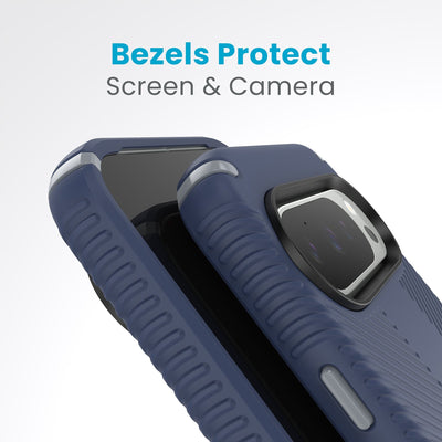 A case with camera facing up is on a case with screen facing up. Raised bezels around screen and camera are clearly visible. Text reads bezels protect screen and camera#color_coastal-blue-dust-grey