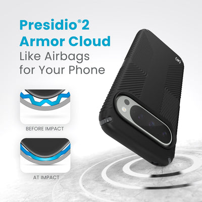 A case hits a hard surface. Diagrams show case lining before and at impact. Text reads Presidio2 Armor Cloud. Like airbags for your phone#color_black-slate-grey