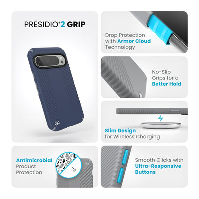 Summary of product features such as grips, wireless charging compatibility, drop and antimicrobial protection, ultra-responsive buttons#color_coastal-blue-dust-grey