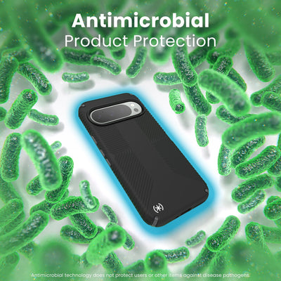 A case is surrounded by bacteria. A halo around the phone keeps the bacteria away. Text reads Antimicrobial product protection#color_black-slate-grey