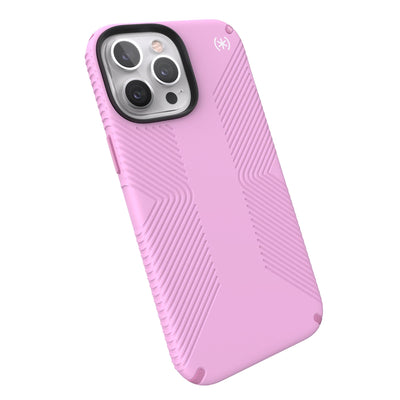 Tilted three-quarter angled view of back of phone case#color_aurora-purple-fresh-pink-white