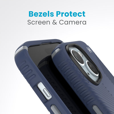 A case with phone inside with camera facing up is lying on top of a case with phone inside with screen facing up. Both are at a sharp angle clearly showing case's raised bezels around screen and camera. Text reads bezels protect screen and camera.#color_coastal-blue-dust-grey