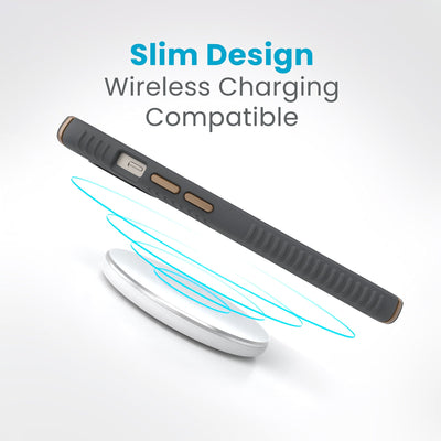 Side view of a case with a phone inside hovering over a wireless charger with concentric circles eminating from charger to signify power transfer. Text in image reads slim design - wireless charging compatible.#color_charcoal-grey-cool-bronze