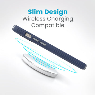 Side view of a case with a phone inside hovering over a wireless charger with concentric circles eminating from charger to signify power transfer. Text in image reads slim design - wireless charging compatible.#color_coastal-blue-dust-grey