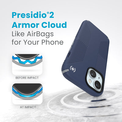 A case with phone inside hits a hard surface on the top corner. Diagrams show Armor Cloud case lining before and at impact. Text reads Presidio2 Armor Cloud. Like airbags for your phone. #color_coastal-blue-dust-grey