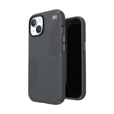 Three-quarter view of back of phone case simultaneously shown with three-quarter front view of phone case.#color_charcoal-grey-cool-bronze