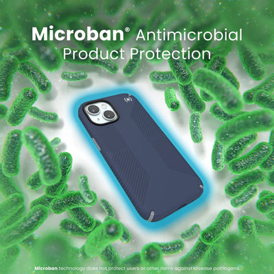 A case with phone inside is surrounded by bacteria. A blue halo around the phone keeps the bacteria away. Text reads Microban antimicrobial product protection. Microban technology does not protect users or other items against disease pathogens.#color_coastal-blue-dust-grey