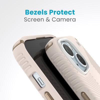 A case with phone inside with camera facing up is lying on top of a case with phone inside with screen facing up. Both are at a sharp angle clearly showing case's raised bezels around screen and camera. Text reads bezels protect screen and camera.#color_bleached-bone-heirloom-gold