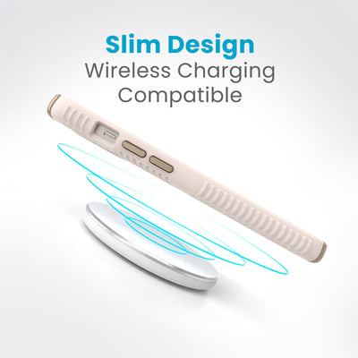 Side view of a case with a phone inside hovering over a wireless charger with concentric circles eminating from charger to signify power transfer. Text in image reads slim design - wireless charging compatible.#color_bleached-bone-heirloom-gold