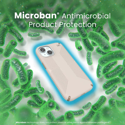 A case with phone inside is surrounded by bacteria. A blue halo around the phone keeps the bacteria away. Text reads Microban antimicrobial product protection. Microban technology does not protect users or other items against disease pathogens.#color_bleached-bone-heirloom-gold