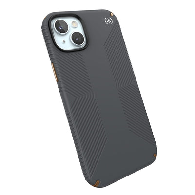 Tilted three-quarter angled view of back of phone case.#color_charcoal-grey-cool-bronze