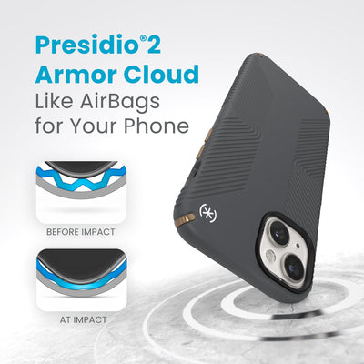 A case with phone inside hits a hard surface on the top corner. Diagrams show Armor Cloud case lining before and at impact. Text reads Presidio2 Armor Cloud. Like airbags for your phone. #color_charcoal-grey-cool-bronze