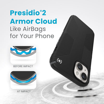 A case with phone inside hits a hard surface on the top corner. Diagrams show Armor Cloud case lining before and at impact. Text reads Presidio2 Armor Cloud. Like airbags for your phone. #color_black-slate-grey