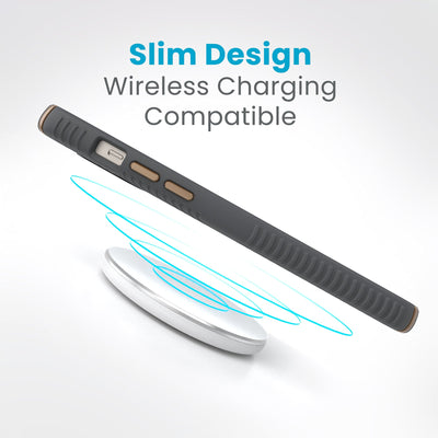 Side view of a case with a phone inside hovering over a wireless charger with concentric circles eminating from charger to signify power transfer. Text in image reads slim design - wireless charging compatible.#color_charcoal-grey-cool-bronze