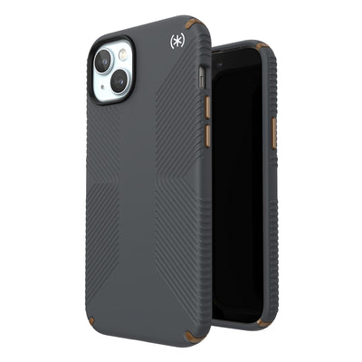 Three-quarter view of back of phone case simultaneously shown with three-quarter front view of phone case.#color_charcoal-grey-cool-bronze