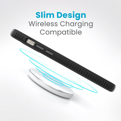 Side view of a case with a phone inside hovering over a wireless charger with concentric circles eminating from charger to signify power transfer. Text in image reads slim design - wireless charging compatible.#color_black-slate-grey